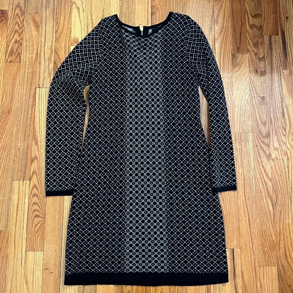 CYNTHIA ROWLEY  Black White Geometric Pattern Sweater Dress